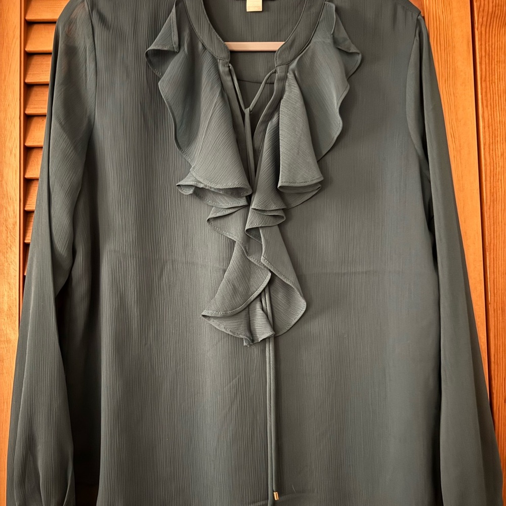Tommy Hilfiger Green Long Sleeve Ruffled Blouse with Bib Collar